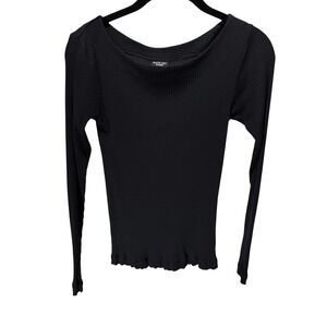 Bitte Kai Rand Top Women XS Black Ribbed Long Sleeve Boat Neck Lettuce Hem